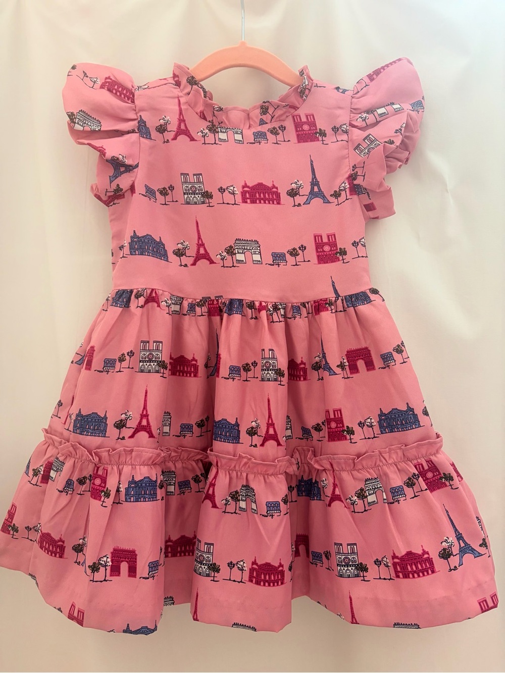 Janie and Jack Pink Paris Print Ruffle Sleeve Tiered Dress